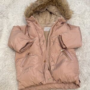 Zara Kids Blush Puffer Coat with Faux Fur Trim